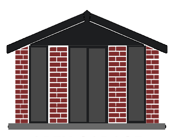 ANTHRA-FASCIAS-GARDEN-BRICK - All Seasons Steel Buildings Front view of a brick house with a dark pitched roof and tall glass doors framed by brick columns.