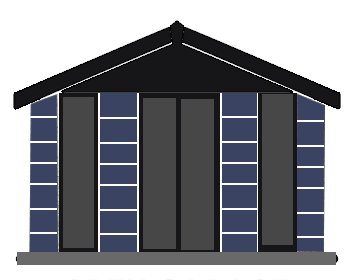 Front view of a modern house with a black gabled roof, dark vertical columns, and blue brick panels between them.