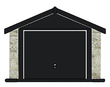 Front view of a small garage with a dark door and stone pillars on either side