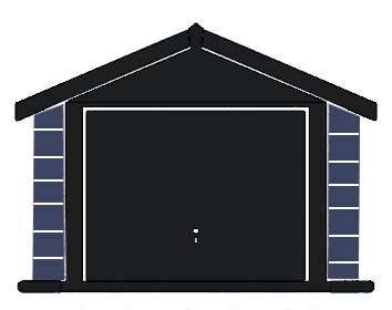 Illustration of a closed dark garage door framed by blue brick columns and a pitched roof above.