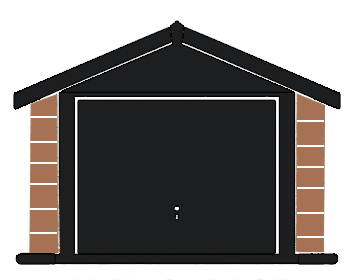 Front view of a closed black garage door framed by brick pillars under a sloped, gabled roof.