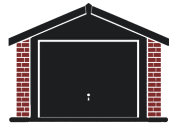 Closed garage door framed by red brick columns under a peaked roof, the door is dark and shut.