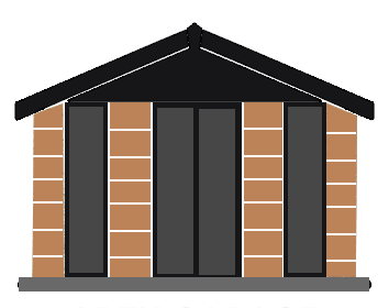 ANTRA-FASCIAS-GARDEN-WOOD - All Seasons Steel Buildings Front view of a brick house with a dark roof and tall black-framed doors/windows.