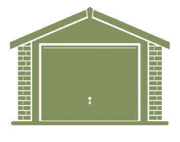 Stylized green garage door framed by brick columns and a pitched roof.