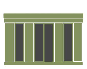 GARDEN-ROOM-SYMBOL-PENT - All Seasons Steel Buildings Front view of a neoclassical temple with seven tall columns supporting a horizontal frieze and a shallow pediment.