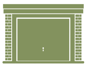 Olive-green fireplace with a central framed firebox, brick side columns, and a simple mantel.