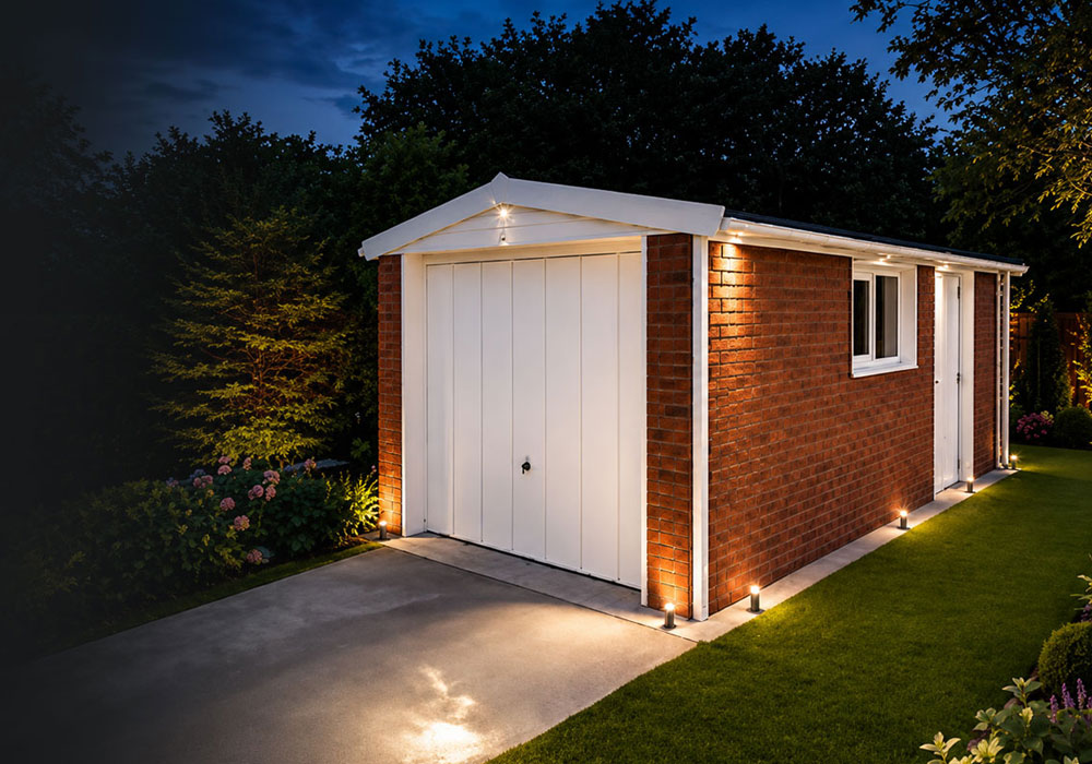 Brick detached garage at dusk with white double doors and warm exterior lighting along the foundation in a landscaped yard.