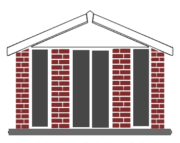 WHITE-FASCIAS-GARDEN-BRICK - All Seasons Steel Buildings Front view of a single-story brick house with a white gabled roof and tall glass doors/windows