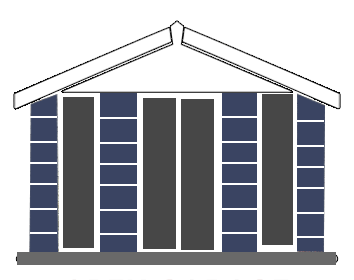 Front view of a small blue cottage with a white-trimmed gabled roof and four tall, dark-framed windows.