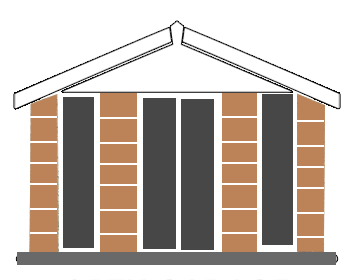 WHITE-FASCIAS-GARDEN-WOOD - All Seasons Steel Buildings Front view of a small brick building with a white pitched roof and three tall dark glass doors separated by brick columns.