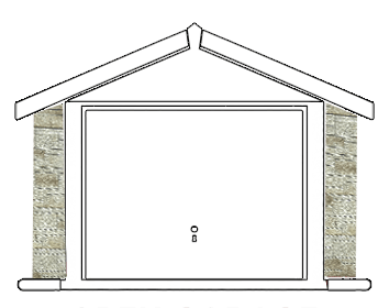 Front view of a small stone-faced garage with a white sloped roof and a closed white garage door.