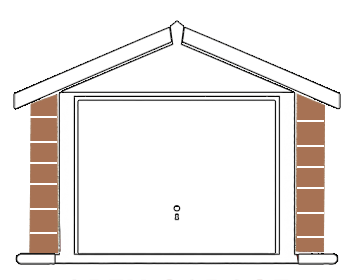 Front view of a closed white garage door, brick pillars on both sides, and a pitched roof.