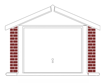 White garage door framed by brick pillars and a peaked roof, with a small round handle in the center.