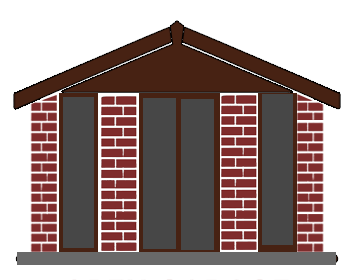 WOOD-FASCIAS-GARDEN-BRICK - All Seasons Steel Buildings Front view of a small brick house with a brown gabled roof, tall glass doors, and brick columns on a gray base.