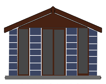 Front view of a small house with a brown gabled roof, blue brick walls, and a central door flanked by two tall windows.