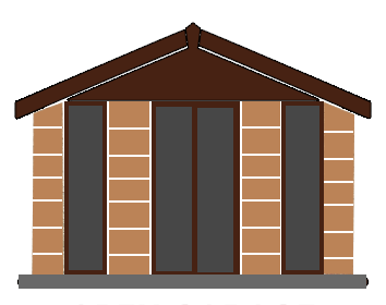 WOOD-FASCIAS-GARDEN-WOOD - All Seasons Steel Buildings Brick storefront with a brown gabled roof and four tall dark glass panels (doors/windows) at the front on a gray base.