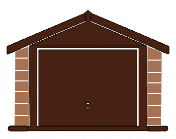 Brown garage door with brick pillars and a peaked brown roof, a small central handle visible.