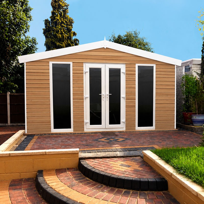 WOOD-GARDEN2 - All Seasons Steel Buildings Wood-clad garden shed with white-framed glass doors on a brick patio, in a sunny backyard.