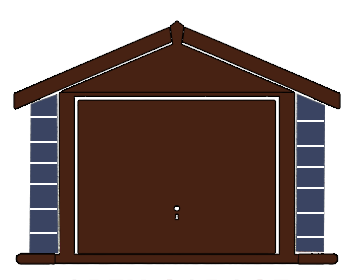 Illustration of a brown garage door framed by blue brick pillars and a brown gabled roof.