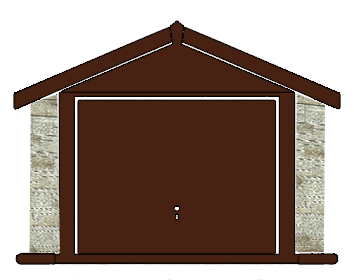 Brown garage door framed by stone pillars under a peaked roof on a residential garage façade.