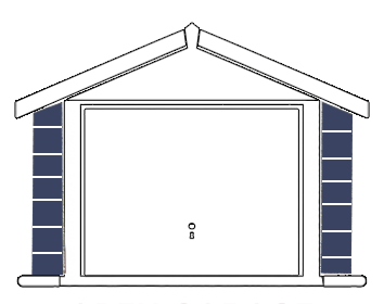 Front view of a small blue garage with white trim and a closed white garage door featuring a small circular handle in the center.