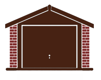 Front view of a closed brown garage door with brick pillars and a peaked roof.