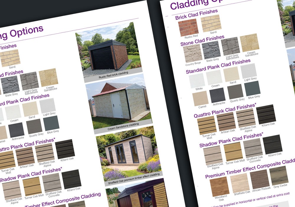 Catalog-style page showing brick, stone, and timber cladding swatches with photos of small buildings as examples of finishes.