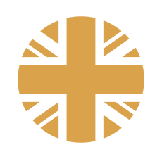 Orange circular emblem featuring a bold cross with sunburst-style triangular segments around the edges.