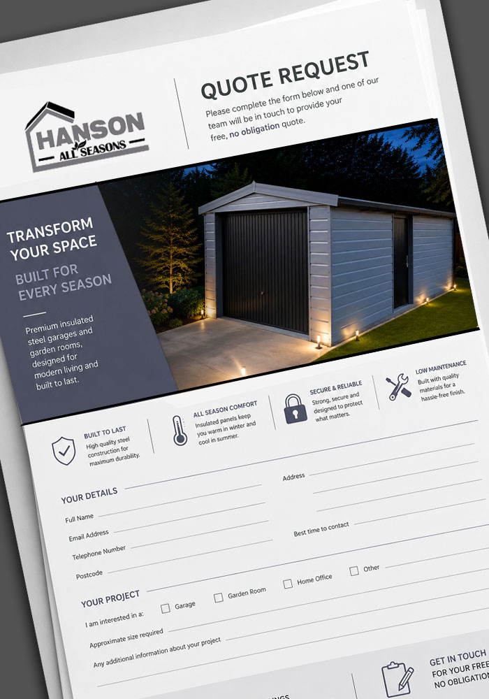 Marketing brochure for a quote request featuring a modern metal garage with landscaping and a Hanson All Seasons logo.
