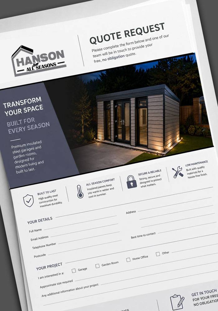 Brochure page titled 'Quote Request' showing a modern wooden shed image and form fields for contact details.