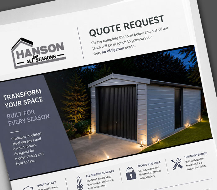Marketing flyer for Hanson All Seasons showing a modern steel garage at dusk, with a 'Quote Request' header and a 'Transform Your Space' panel.