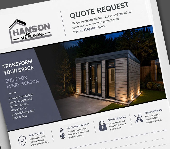 Marketing brochure for Hanson All Seasons featuring a modern garden shed and a 'Quote Request' section.