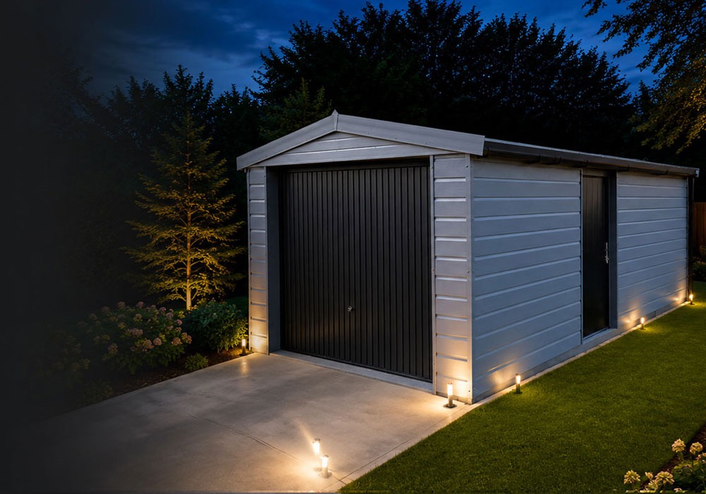 Night view of a detached gray garage with a black roller door, lit by ground lights along the concrete driveway.