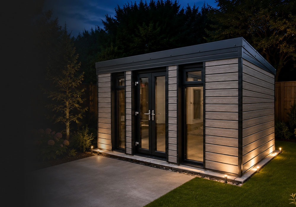 Modern wooden shed with glass double doors, illuminated by ground lights at night.