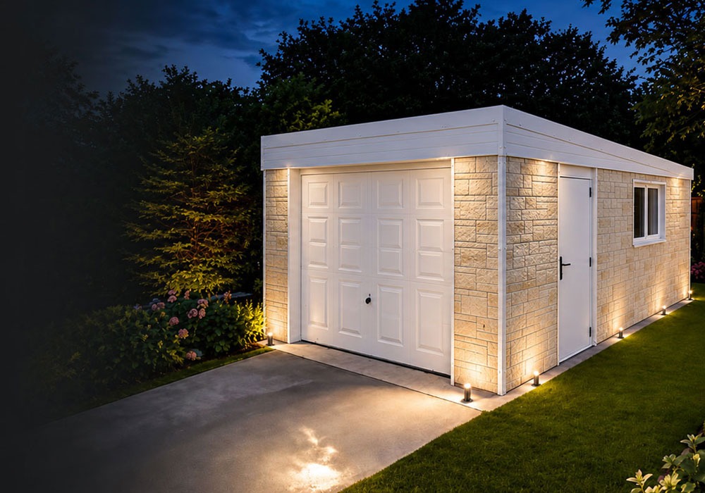 Nighttime view of a stone-clad detached garage with a white panel door, side entry, window, and ground lights along the base surrounded by lawn and shrubs.