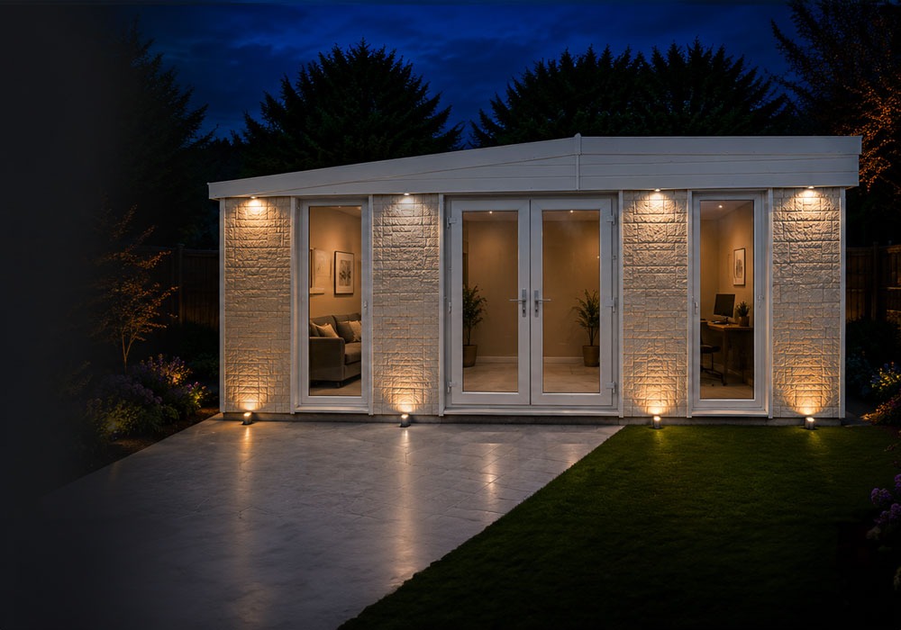 stone-garden-mob - All Seasons Steel Buildings Night view of a modern garden room with glass doors, stone walls, and warm exterior lights on a tiled patio.