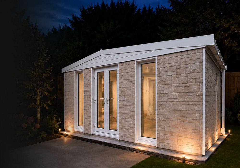 Nighttime view of a beige stone-clad garden room with tall glass doors and warm interior lighting along the base