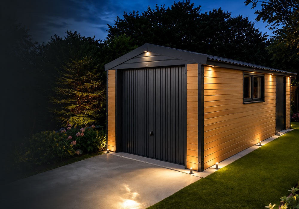 Wooden garden shed at night with a black double door and warm exterior lighting along the base.