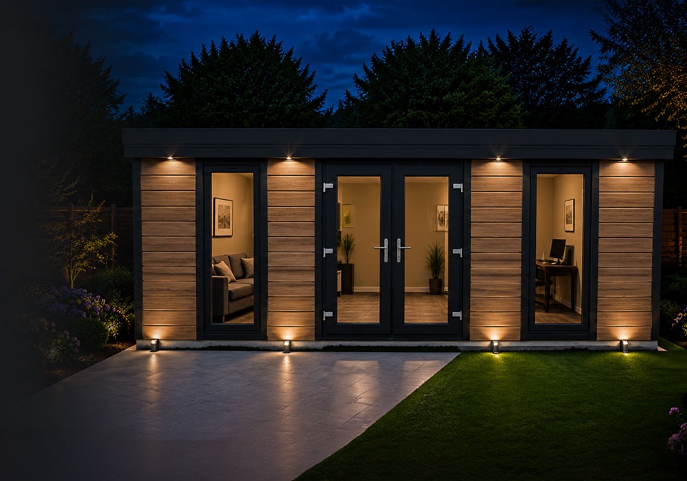 Wooden garden studio with glass doors, warm interior lights, and landscape lighting at night on a manicured lawn.